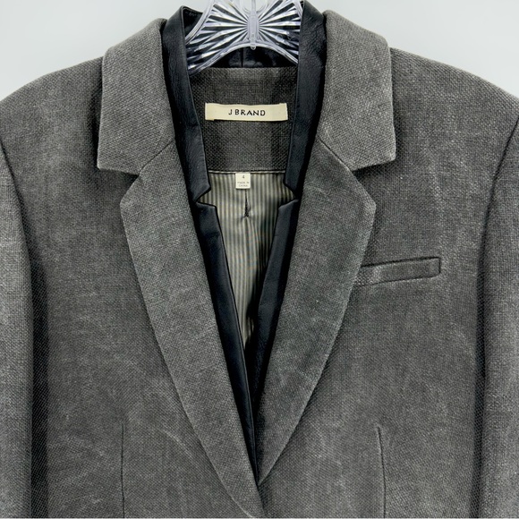 J Brand Zooey Linen Leather Trim Blazer Slate Gray Black Size 4 - Picture 2 of 9